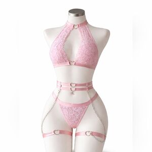 💕 Pink Lace 4-Piece Lingerie Set w/ Heart Rings & Chains – Size Small – New